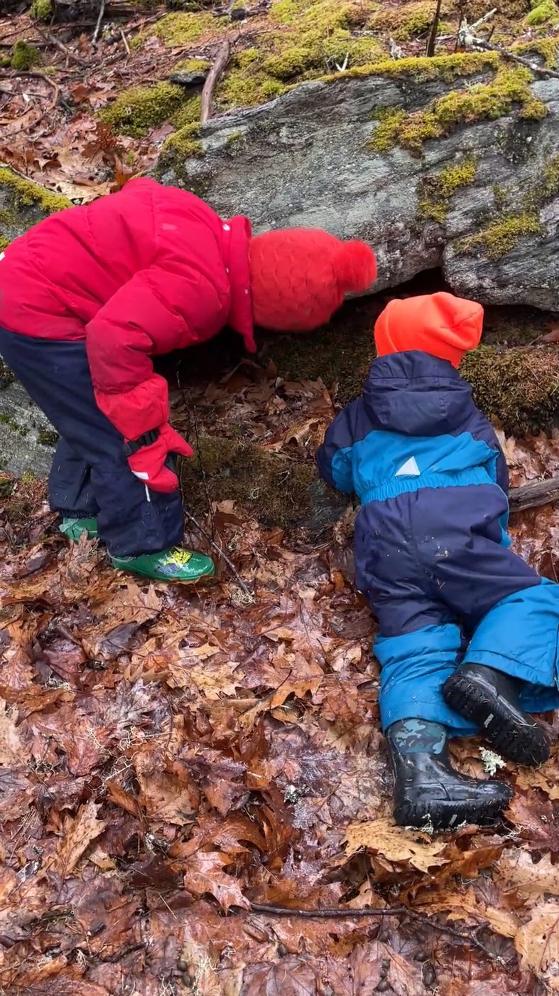 Two children in snowsuits investigate beneath a mossy boulder on a winter day